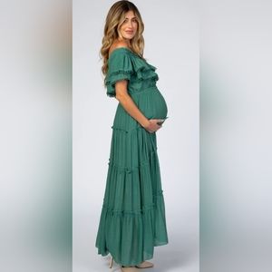 Pinkblush Green Off Shoulder Eyelet Tiered Maternity Maxi Dress
